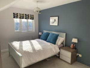 a bedroom with blue walls and a bed with blue pillows at Stylish Townhouse with views of Arundel Cathedral in Arundel