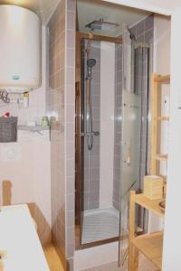 a shower with a glass door in a bathroom at Superbe T3 Terrasse Coeur de Paris historique in Paris +35 photos