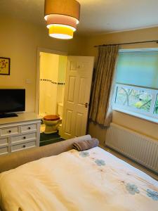 a bedroom with a bed and a television and a window at Beautiful double en-suite room in Oakham