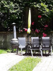3 chaises et une table avec un parasol dans l'établissement Vila Foisor, à Buşteni