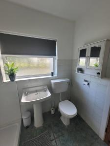 a bathroom with a toilet and a sink and a window at Loughinvar, Newtownards in Newtownards