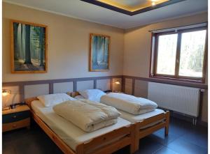 a bedroom with two beds with pillows on them at Holiday home"Monsieur Nips" in Érezée