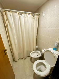 La salle de bains est pourvue de toilettes et d'un rideau de douche. dans l'établissement Departamento 1A Santiago del Estero 80, à Salta