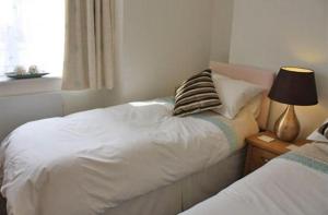 Un dormitorio con dos camas y una lámpara y una ventana. en Greaves Wharf House, en Porthmadog