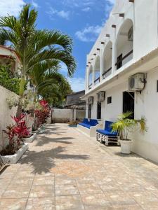 a courtyard of a house with blue chairs and palm trees at CASA VACACIONAL TANiA SALINAS in Salinas