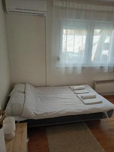 Bett in einem Zimmer mit Fenster in der Unterkunft Apartman 2 Zagreb - Maksimir KBC Rebro in Zagreb