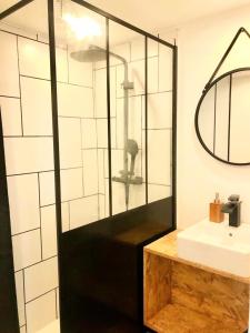 a bathroom with a shower and a white sink at Une maison design dans le centre ville in Foix