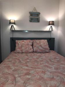 ein Schlafzimmer mit einem Bett mit zwei Lampen an der Wand in der Unterkunft Appartement cosy 100m plage de Pentrez in Saint-Nic