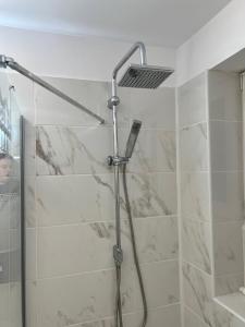 a shower with a shower head in a bathroom at Noreea Central Apartment in Timişoara