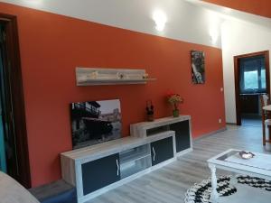sala de estar con pared de color naranja en Apartamento Turístico La Mies en Oreña