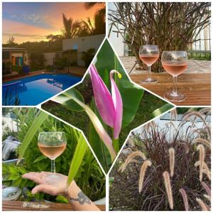 un collage de photos avec des verres de vin et une fleur dans l'établissement Les tourterelles, à Saint-Joseph