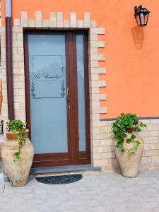 a door with two potted plants in front of a building at La Pomelia B&b Sofia in Trappitello +82 photos