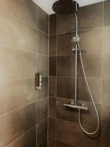 une douche avec pommeau de douche dans une salle de bain dans l'établissement Hôtel de Bretagne Dol centre ville - Hotel et Restaurant, à Dol-de-Bretagne
