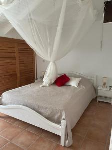 a bedroom with a white bed with a canopy at VILLA STE MARTHE avec piscine, grande terrasse, jardin intime et citerne d'eau in Saint-François +32 photos