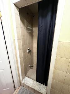 bagno con doccia con tenda blu di Adas Guesthouse a Toronto