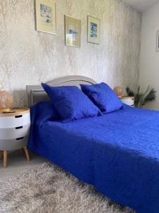 a blue bed with blue pillows in a bedroom at Jarry Entre Chien et Loup in Baie-Mahault