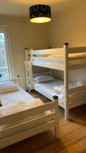 Zimmer mit 2 Etagenbetten und einer Lampe in der Unterkunft Appartement “zon en vakantie aan zee” in Koksijde