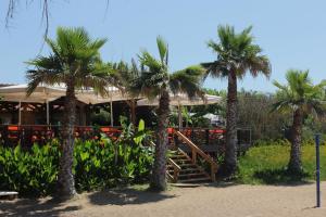 un restaurant avec des palmiers en face de lui dans l'établissement Ionion Beach Apartment Hotel & Spa, à Arkoudi