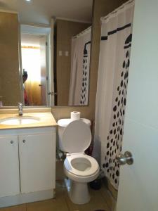 a bathroom with a toilet and a sink and a mirror at Acogedor apartamento vista al mar in Iquique