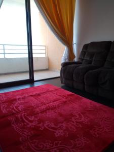 a living room with a couch and a red rug at Acogedor apartamento vista al mar in Iquique