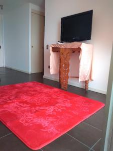 a living room with a red rug and a flat screen tv at Acogedor apartamento vista al mar in Iquique
