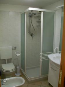 uma casa de banho com um chuveiro, um WC e um lavatório. em MonoZuino em Gaby