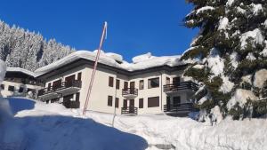 a house covered in snow with a tree at Mansarda la Baita in Madonna di Campiglio