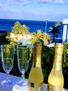 two bottles and two glasses on a table with the ocean at THE DRAGONFLY Private Loft 100m Beach in Candelaria