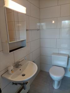 a white bathroom with a toilet and a sink at Studio lumineux bien placé en ville de Sion in Sion