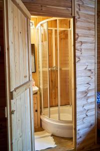 a bathroom with a shower with a glass door at Willa Rawa in Zakopane