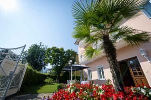 a palm tree in front of a house with flowers at Villa Auguste in Pörtschach am Wörthersee