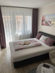 łóżko w pokoju z dużym oknem w obiekcie Classic City Apartman w Segedynie