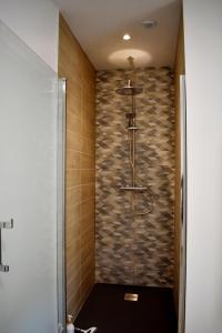 a shower in a bathroom with a tile wall at Maison rénovée au calme in Dannevoux