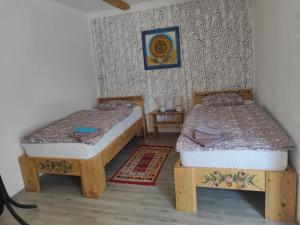 two twin beds in a room with a wall at Pensiunea Ramona in Viscri