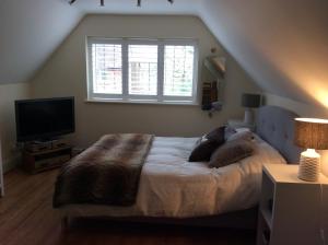 1 dormitorio con 1 cama grande y TV en Melbury en Rudgwick