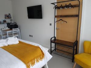 a bedroom with a bed and a chair and a television at Petite Anchorage in Christchurch