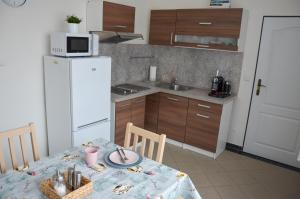 kuchnia ze stołem i białą lodówką w obiekcie Apartmán Kampelička w mieście Rataje nad Sázavou