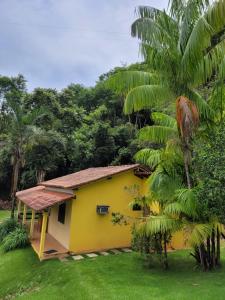 una casa amarilla con una palmera al lado en Espaço inteiro: Casa de campo nas montanhas, en Domingos Martins