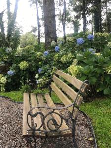 un banco de madera en un jardín con flores azules en Piavi Residencial en São Francisco de Paula
