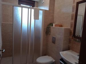 a bathroom with a shower and a toilet and a sink at Lilia Sun Apartment in Sozopol +16 photos