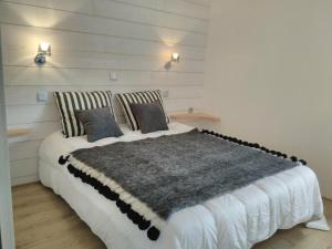 een slaapkamer met een groot bed met 2 kussens bij Gîte à la campagne in Saint-Brice-sur-Vienne