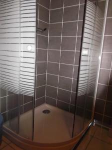 La salle de bains est pourvue d'une douche avec une porte en verre. dans l'établissement gîte La Belle Vue, à La Hoube