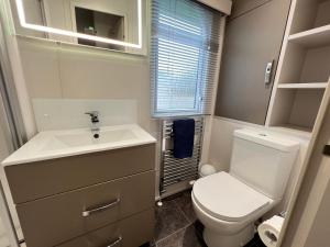 La petite salle de bains est pourvue de toilettes et d'un lavabo. dans l'établissement Lakes End, Dog Friendly, à South Cerney
