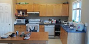 a kitchen with wooden cabinets and a counter top at San Yin Homestay private bedroom with private washroom in Calgary