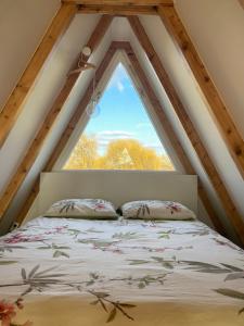 een bed in een kamer met een raam bij Vakantiehuis in paradijselijke sfeer met privémeertje in Kleve