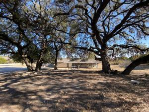 una mesa de picnic bajo un grupo de árboles en Texas Hill Country Ranch House - Great Views - Near Hidden Falls Park, en Smithwick