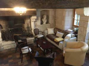 a living room with a couch and a fireplace at La Gentillere “Ancien Ermitage”PNR du Perche 3 * in Brunelles
