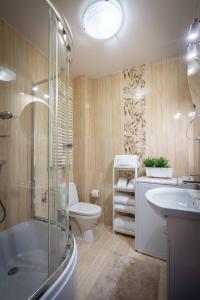 扎科帕內的住宿－Apart-Styl Apartamenty Zakopane- Brzozowa, Centrum miasta，浴室配有卫生间、盥洗盆和淋浴。