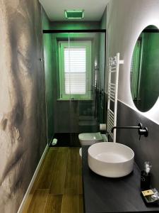 a bathroom with a sink and a toilet and a mirror at La Dama in Poggio Murella