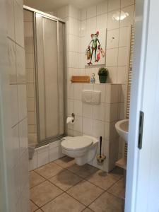 a bathroom with a toilet and a shower and a sink at Zum Kranichblick FeWo 1&2 in Niepars